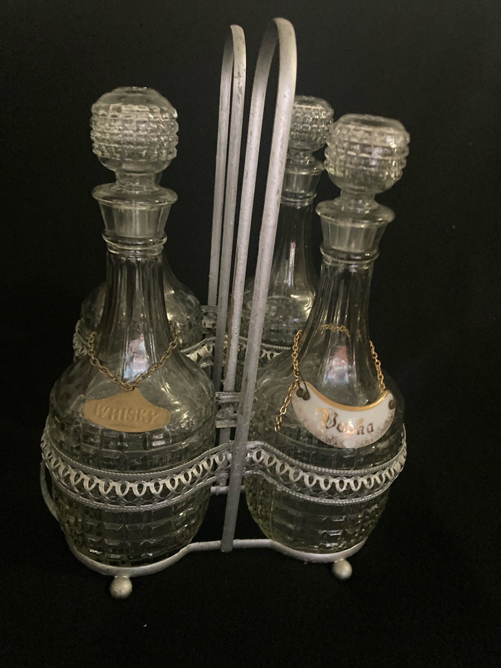 Vintage Glass Decanter Set with Metal Carrier - Clear Glass & Gold Tags